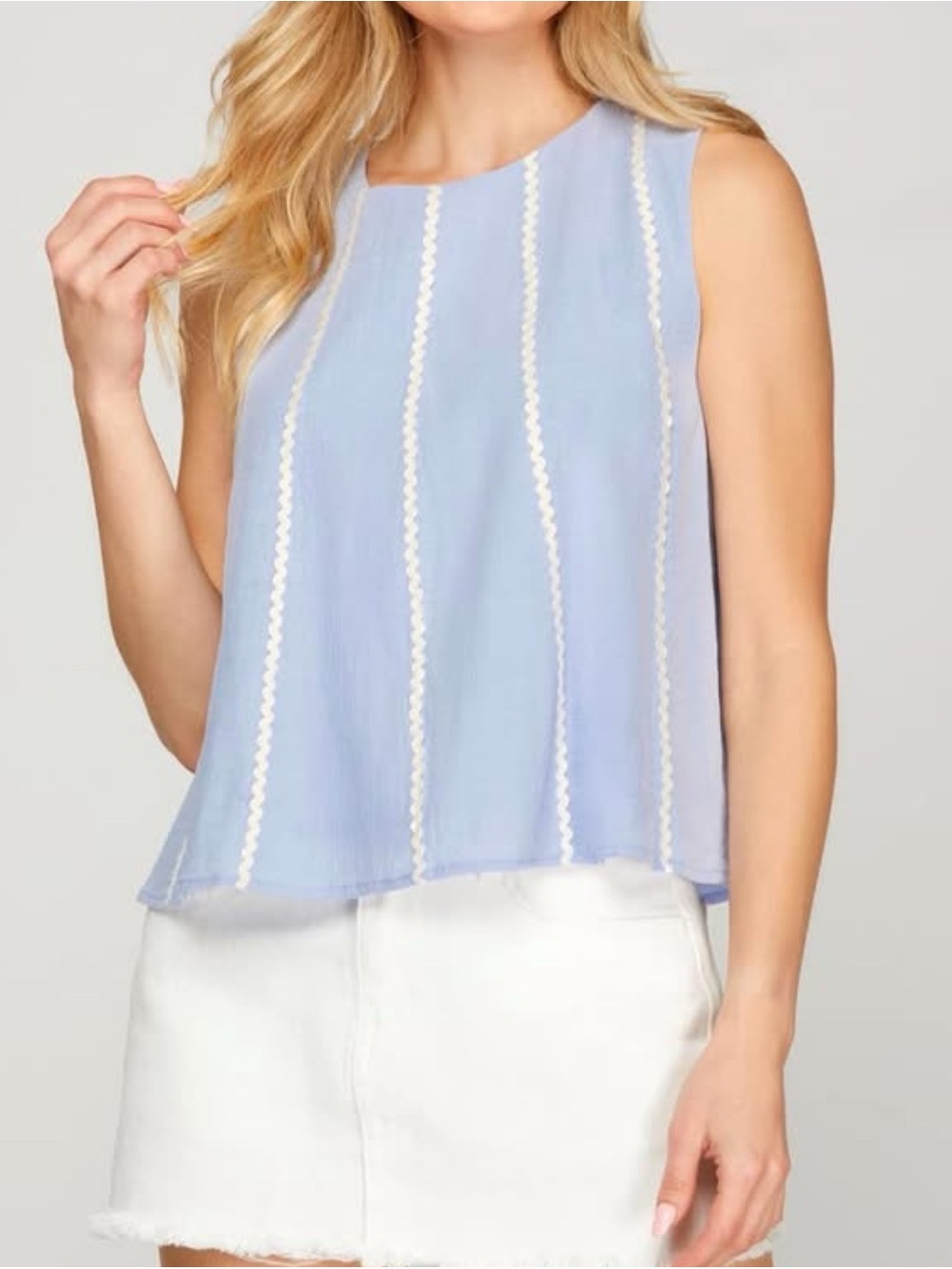 She + Sky light Blue  Sleeveless Tank with White Ric-Rac Trim